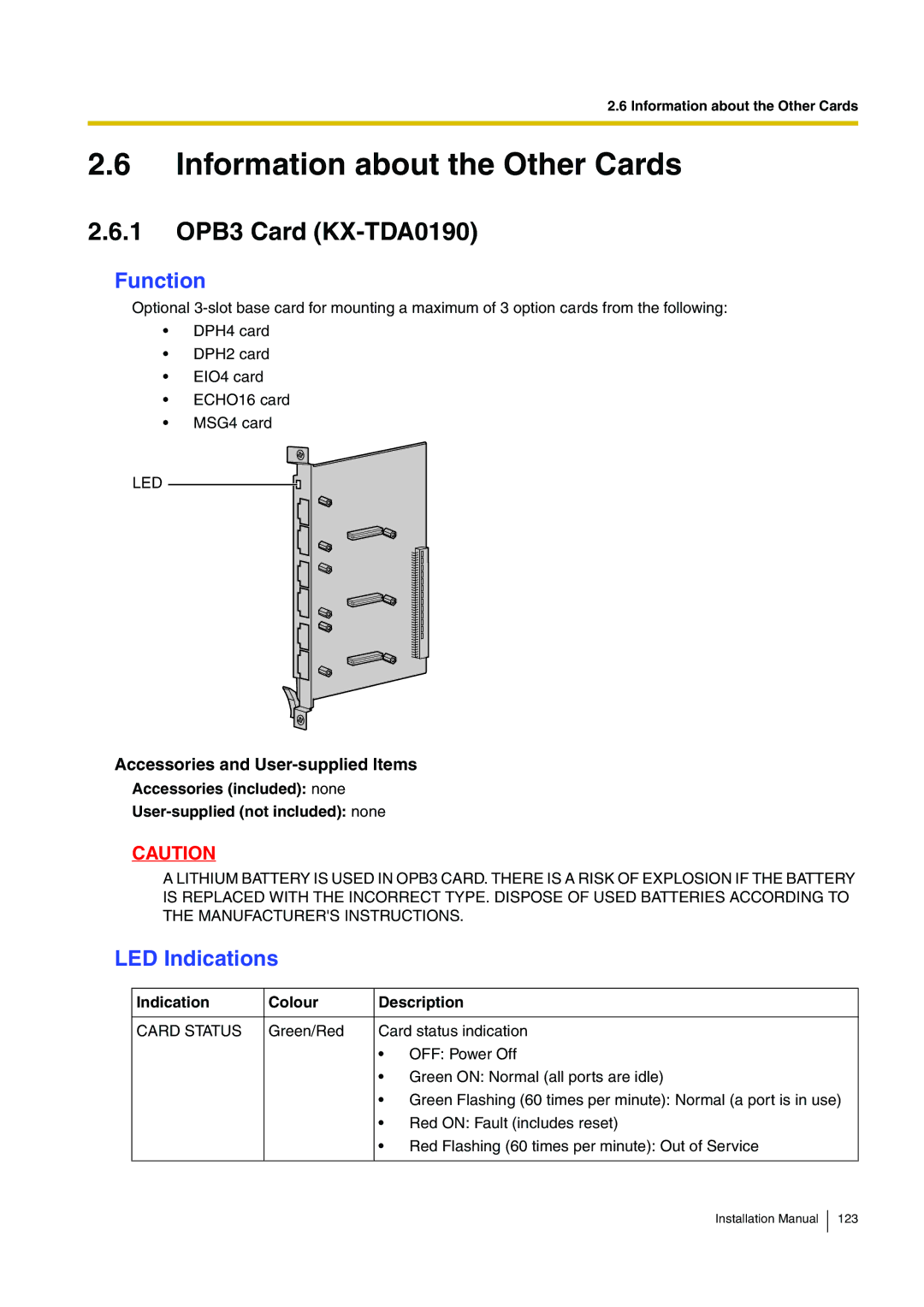 Panasonic KX-TDA100 installation manual Information about the Other Cards, 1 OPB3 Card KX-TDA0190 