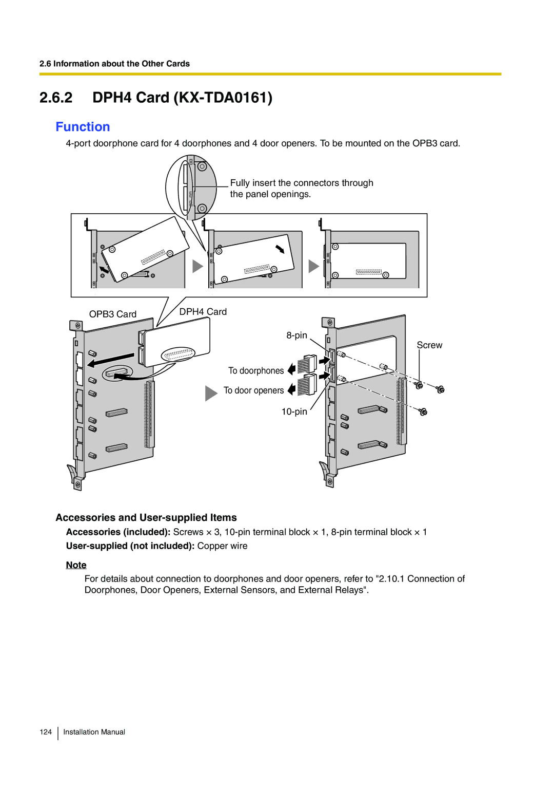 Panasonic KX-TDA100 installation manual 2 DPH4 Card KX-TDA0161, User-supplied not included Copper wire 