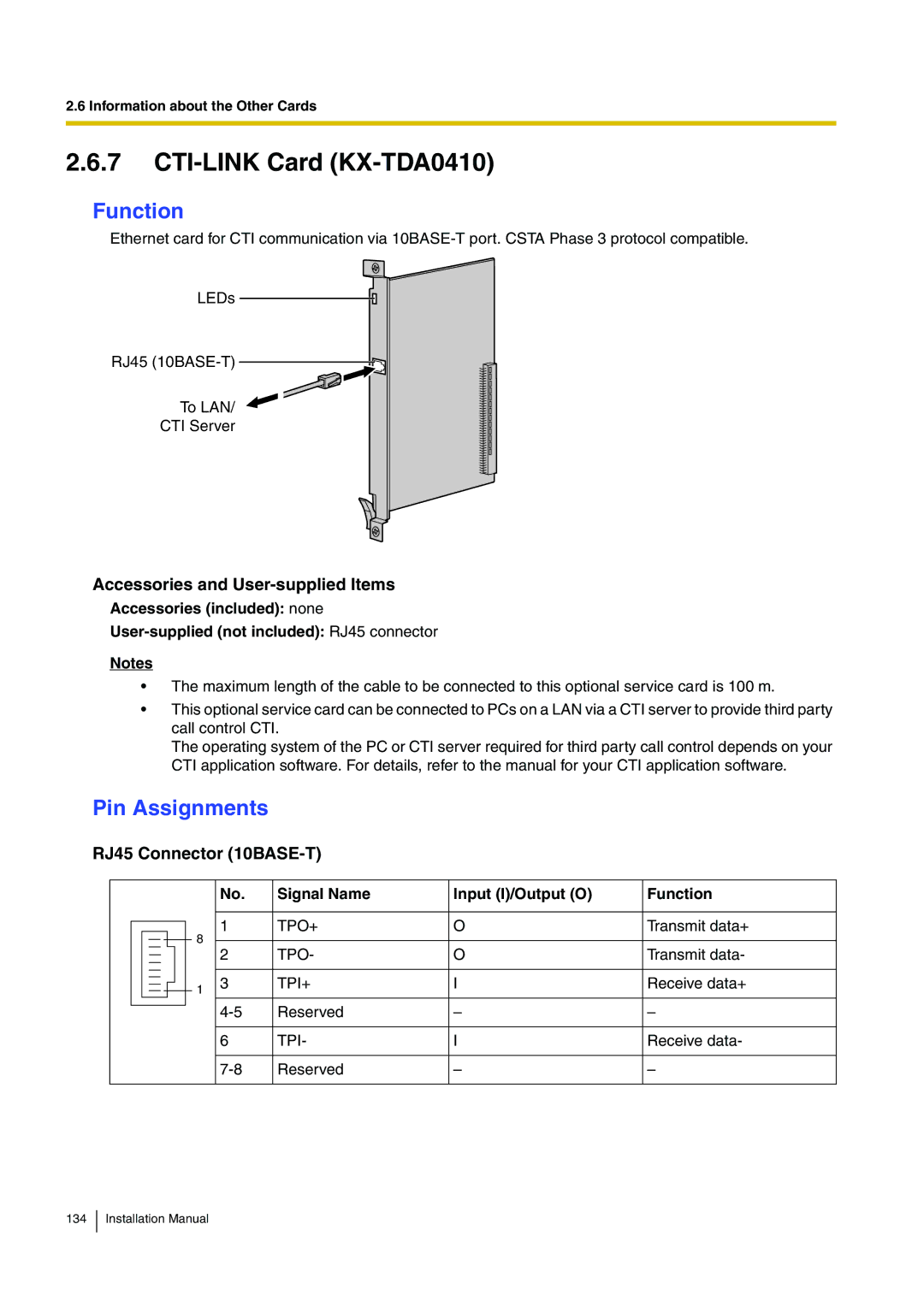 Panasonic KX-TDA100 installation manual CTI-LINK Card KX-TDA0410, Pin Assignments 