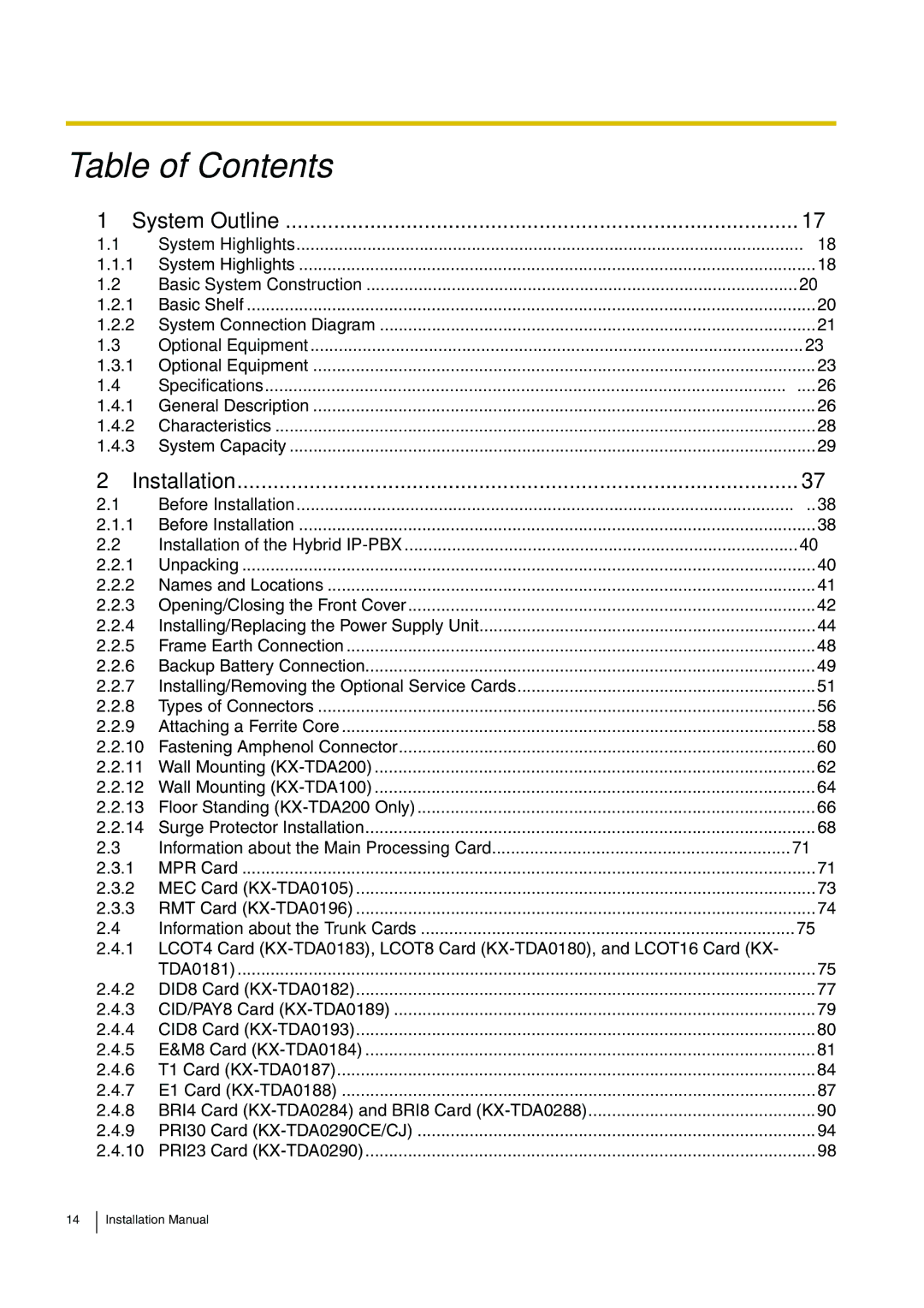 Panasonic KX-TDA100 installation manual Table of Contents 