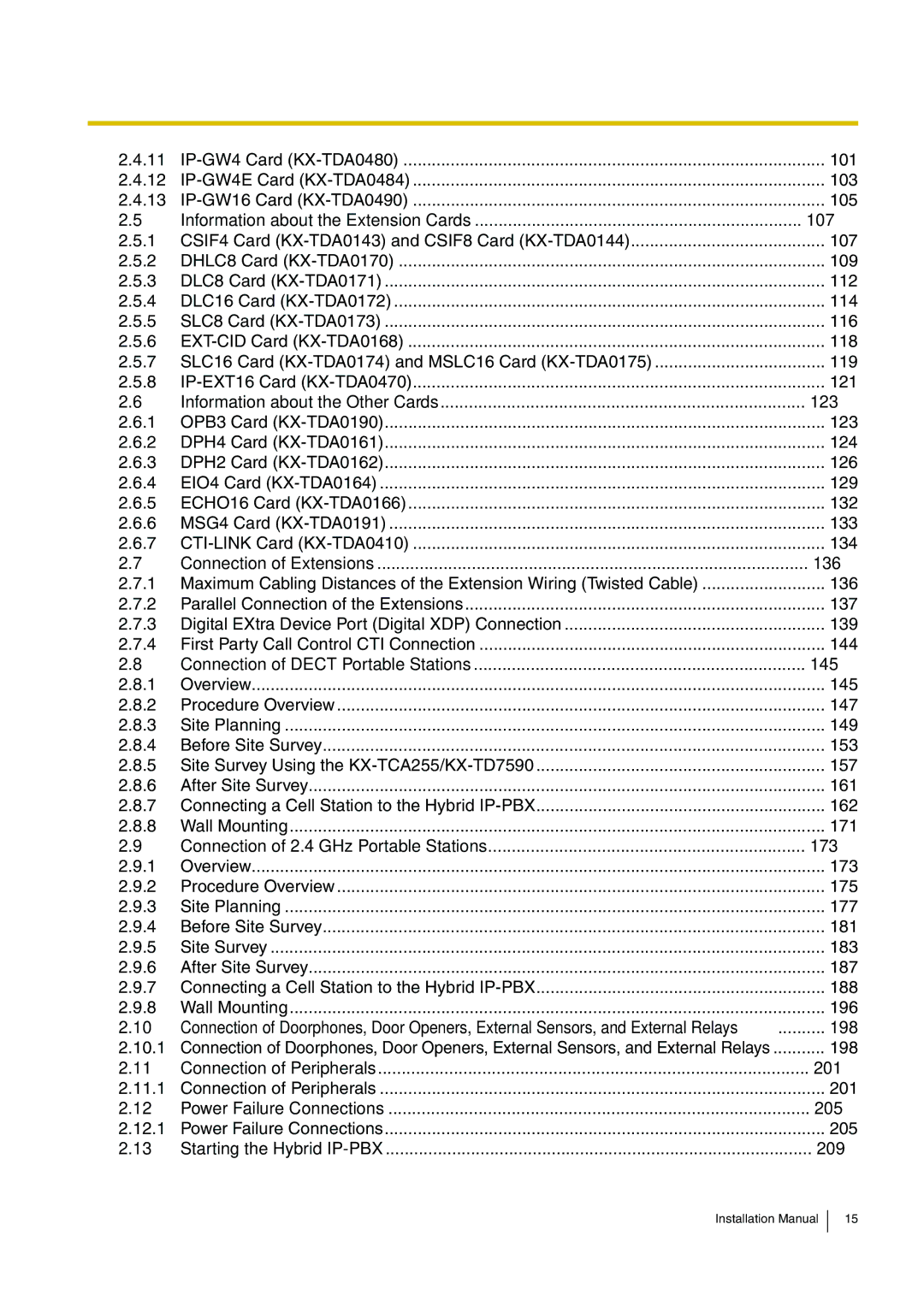 Panasonic KX-TDA100 Information about the Extension Cards 107, Information about the Other Cards 123, 145, 198 