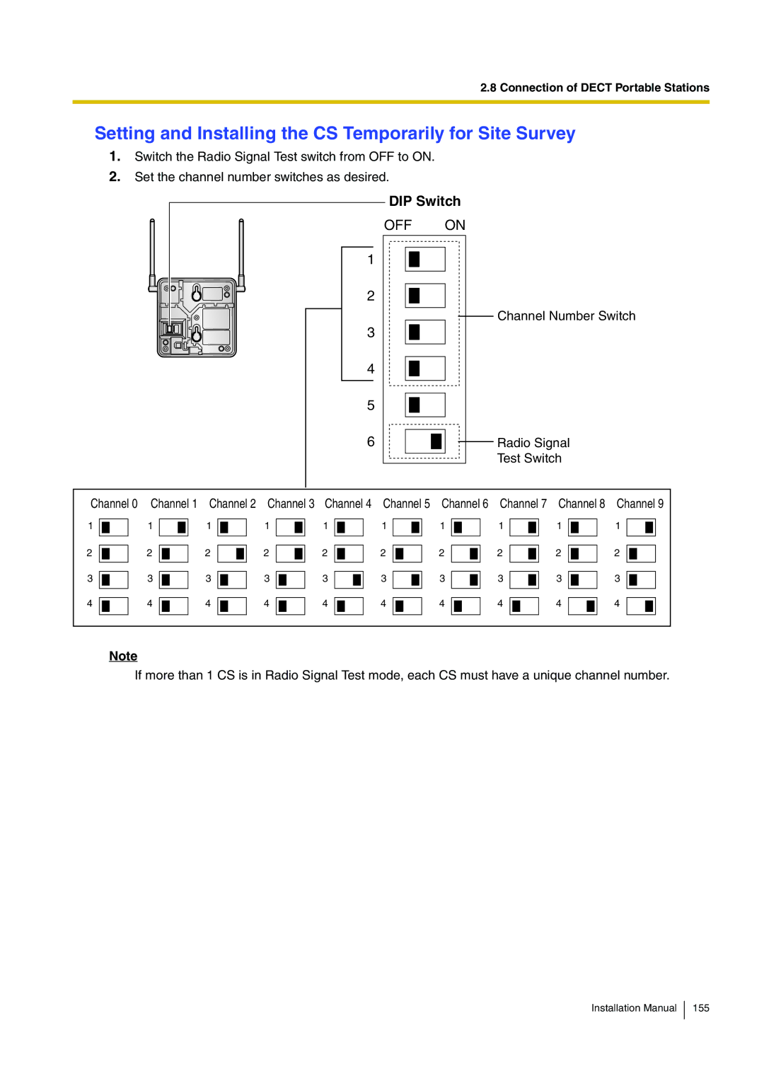 Panasonic KX-TDA100 installation manual Setting and Installing the CS Temporarily for Site Survey, DIP Switch 