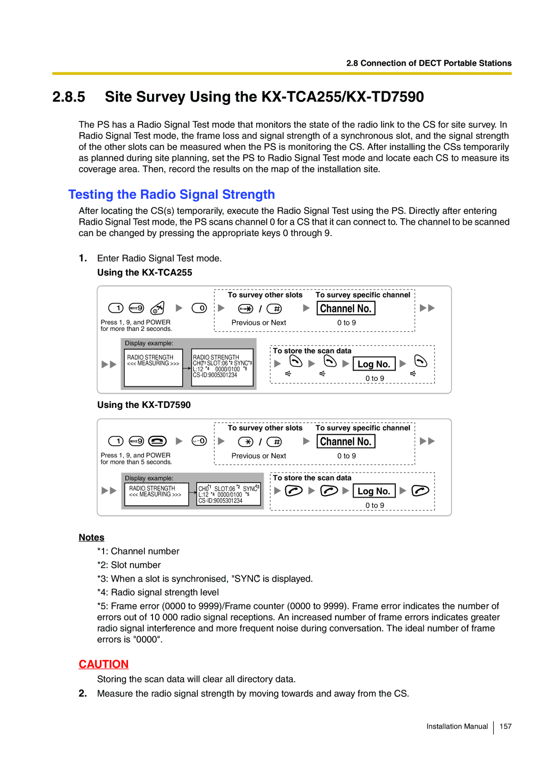 Panasonic KX-TDA100 installation manual Site Survey Using the KX-TCA255/KX-TD7590, Testing the Radio Signal Strength 