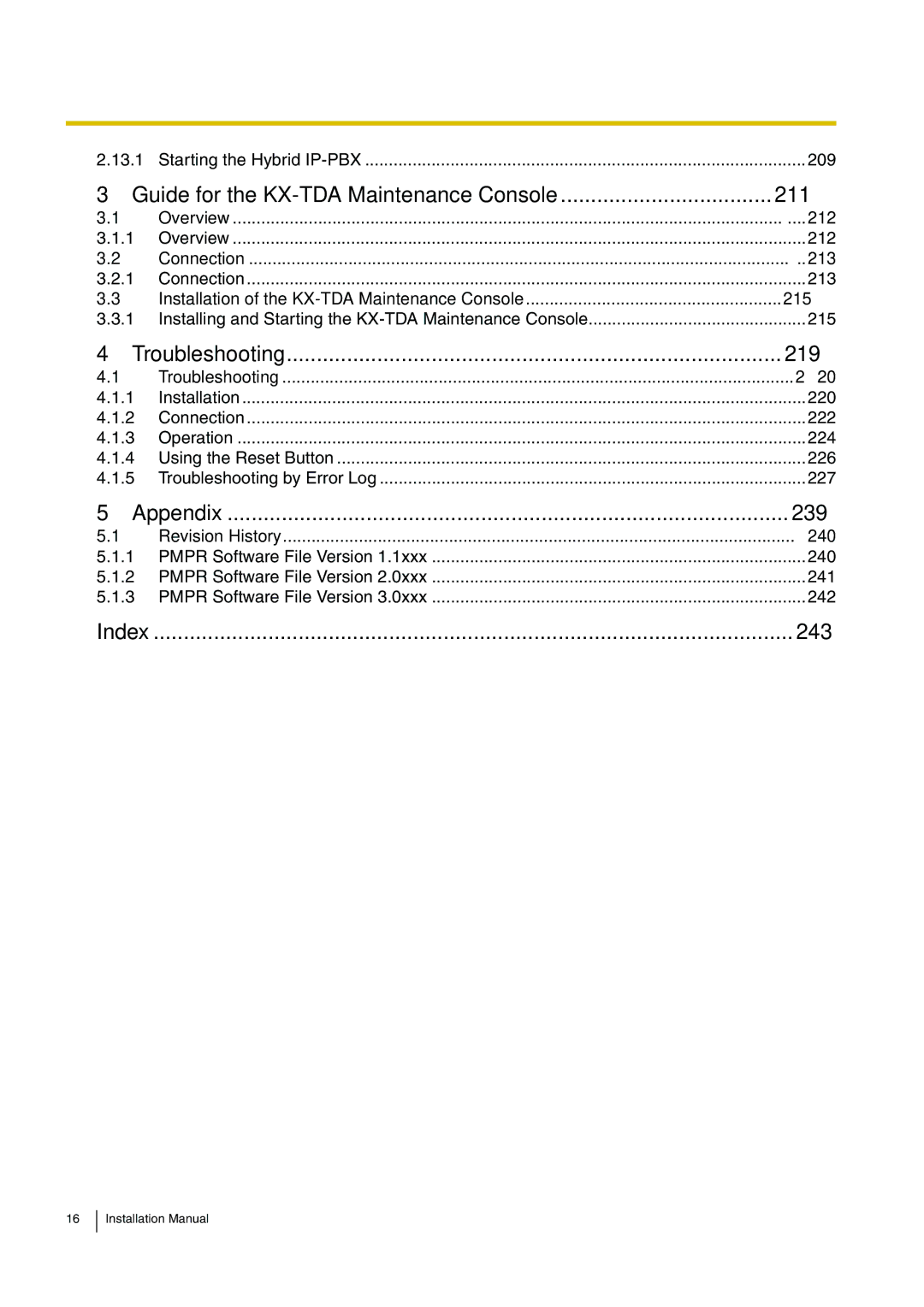 Panasonic KX-TDA100 installation manual 212, Connection 213, 215, 220, Revision History 240 