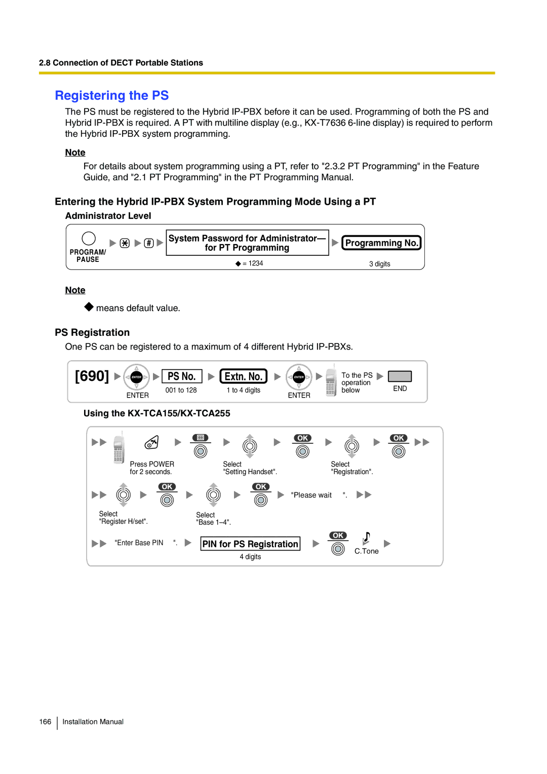 Panasonic KX-TDA100 Registering the PS, PS Registration, Administrator Level, Using the KX-TCA155/KX-TCA255 