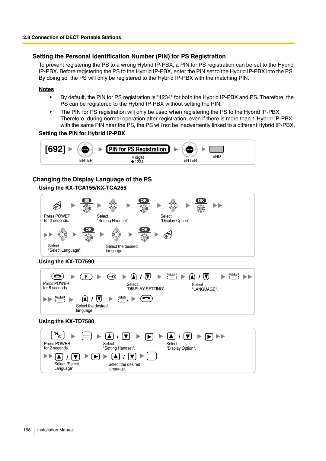 Panasonic KX-TDA100 installation manual Changing the Display Language of the PS, Setting the PIN for Hybrid IP-PBX 