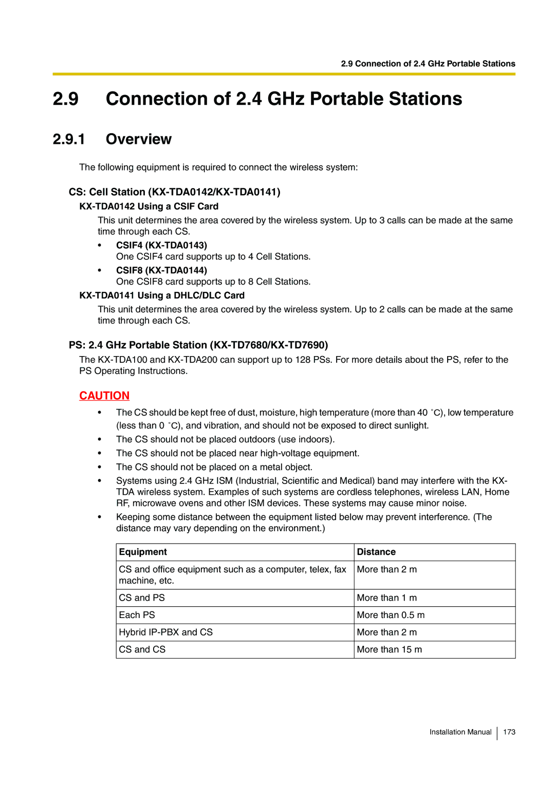 Panasonic KX-TDA100 installation manual Connection of 2.4 GHz Portable Stations, CS Cell Station KX-TDA0142/KX-TDA0141 