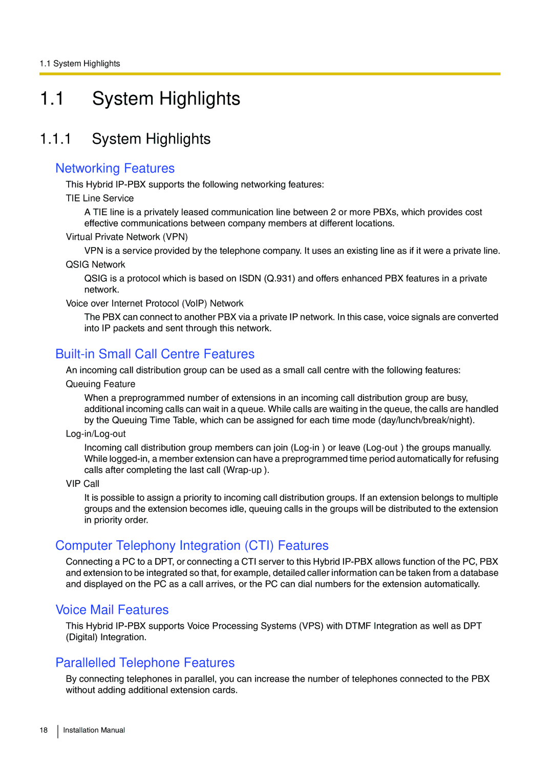 Panasonic KX-TDA100 installation manual System Highlights 