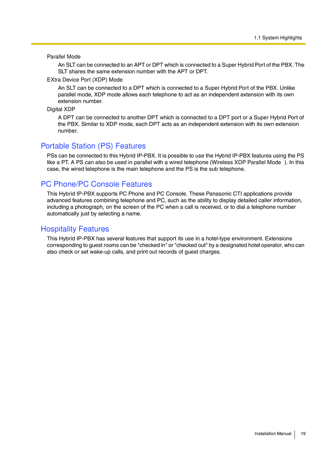 Panasonic KX-TDA100 installation manual Portable Station PS Features, PC Phone/PC Console Features, Hospitality Features 