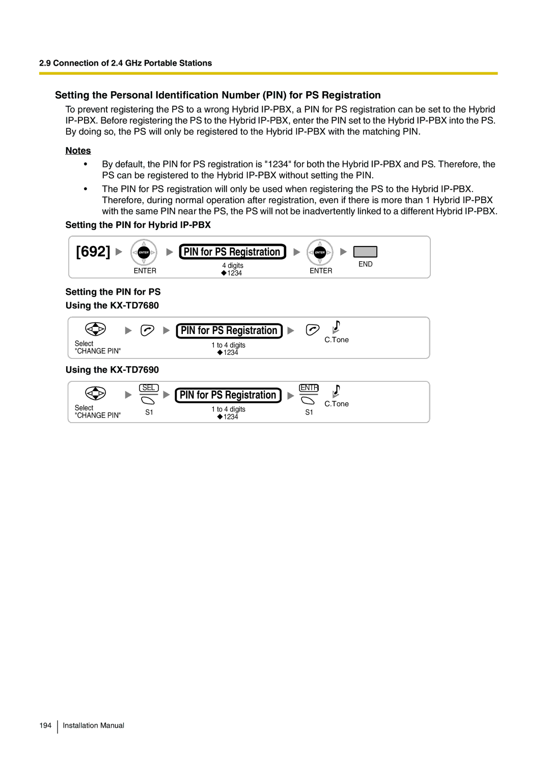 Panasonic KX-TDA100 installation manual 692, Setting the PIN for PS Using the KX-TD7680 