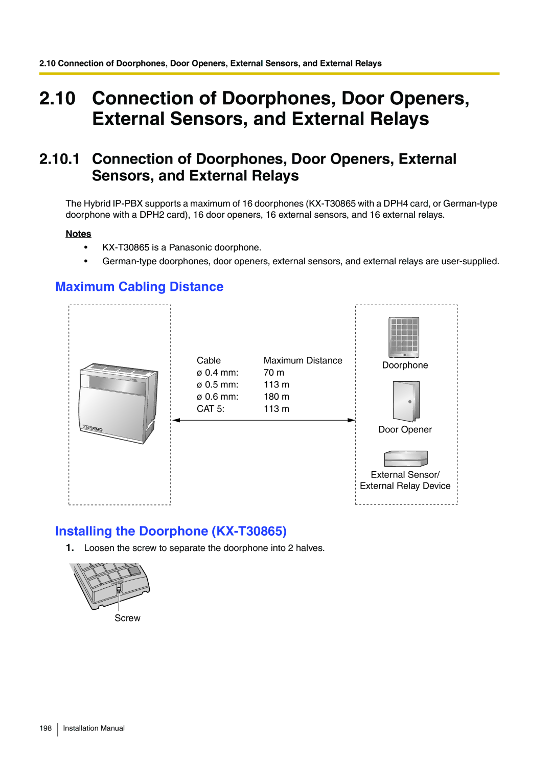 Panasonic KX-TDA100 installation manual Maximum Cabling Distance, Installing the Doorphone KX-T30865 