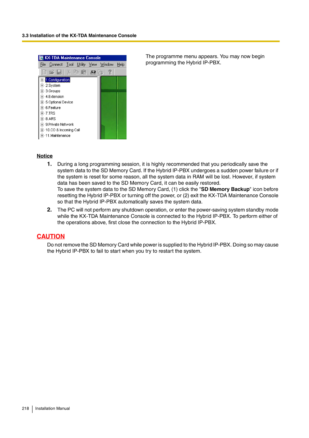 Panasonic KX-TDA100 installation manual Installation of the KX-TDA Maintenance Console 