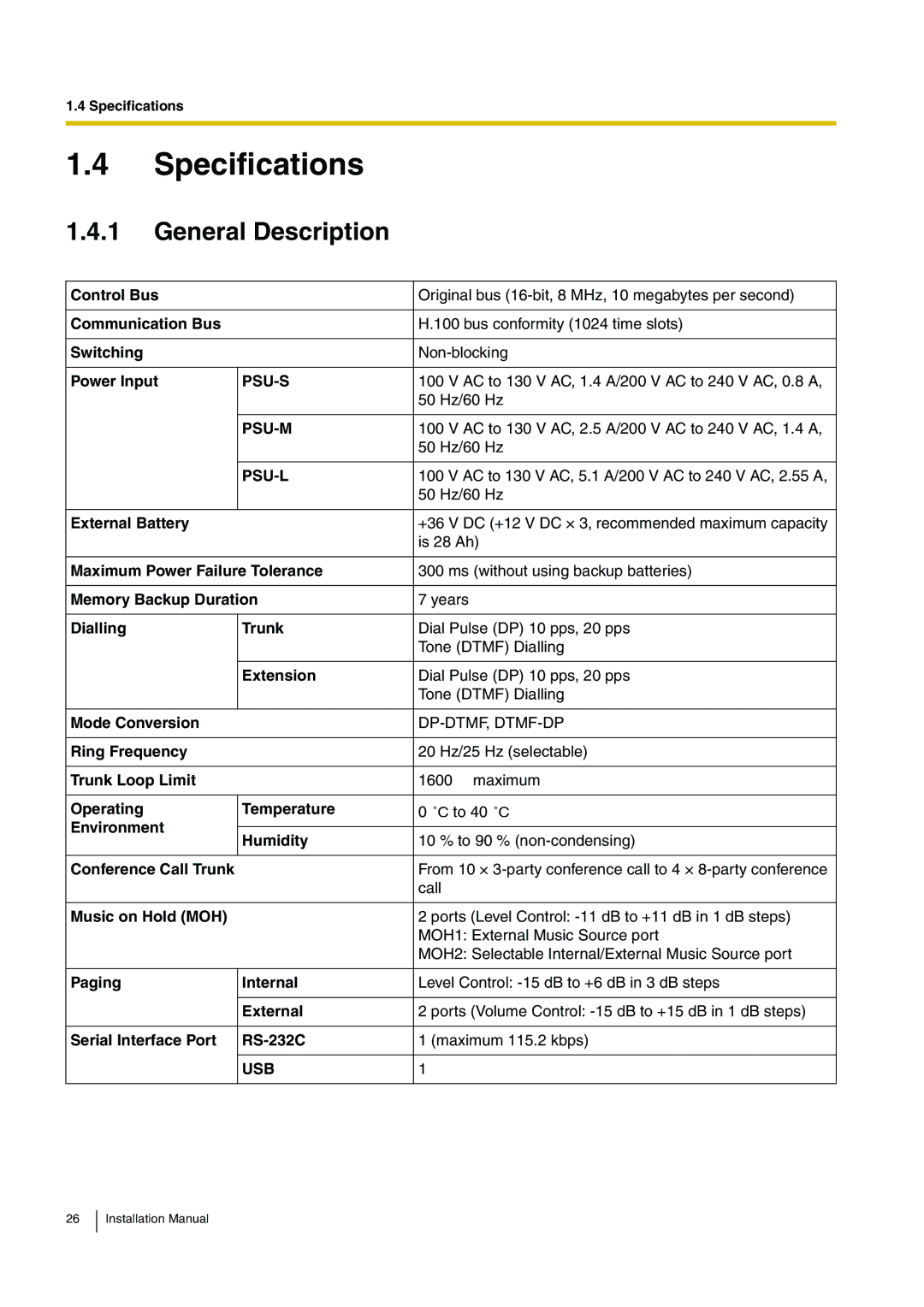 Panasonic KX-TDA100 installation manual Specifications, General Description 