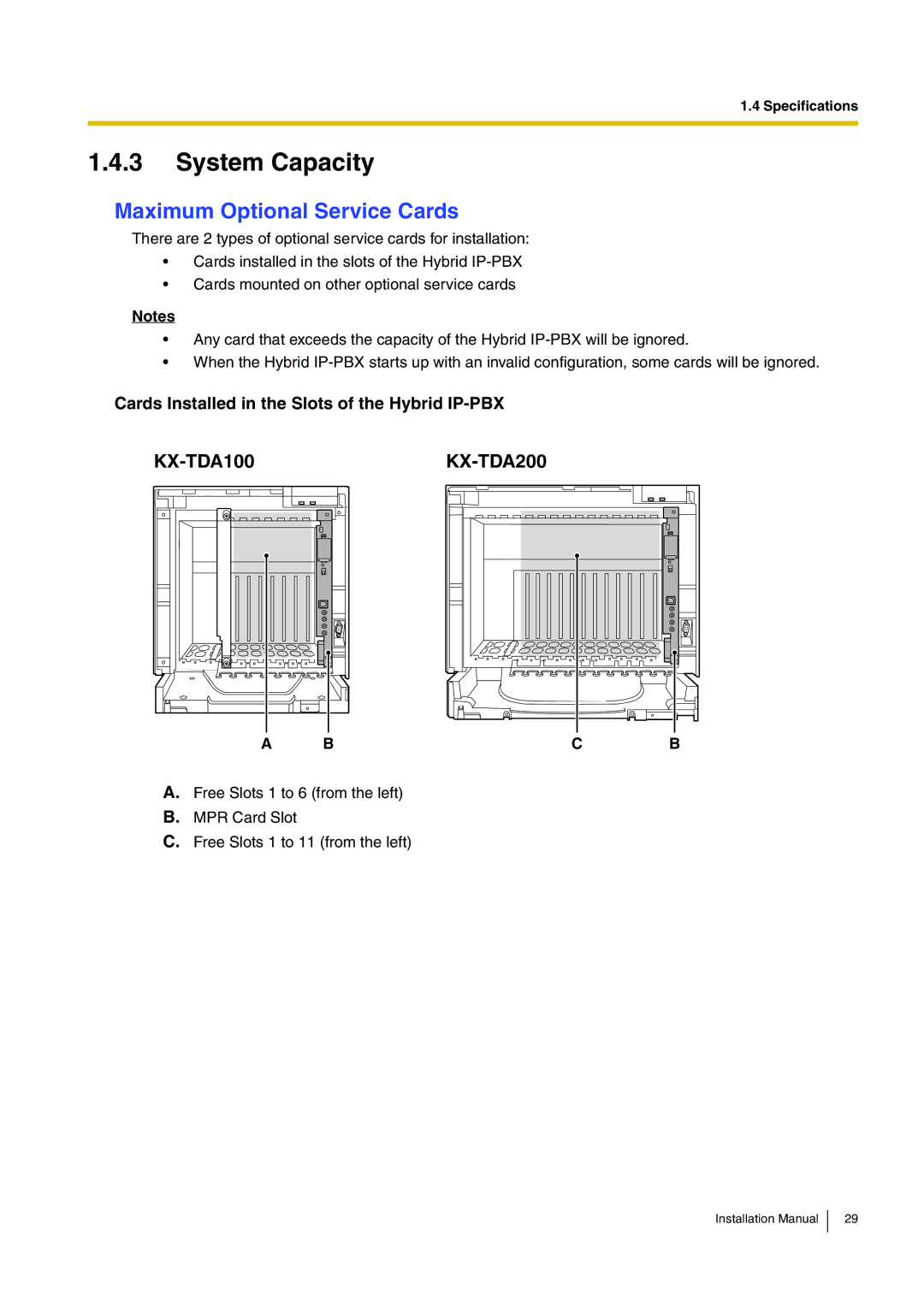 Panasonic KX-TDA100 System Capacity, Maximum Optional Service Cards, Cards Installed in the Slots of the Hybrid IP-PBX 