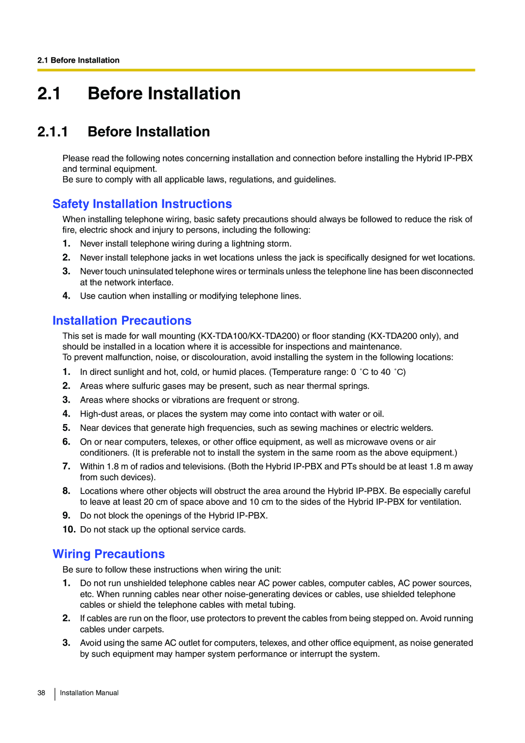 Panasonic KX-TDA100 Before Installation, Safety Installation Instructions, Installation Precautions, Wiring Precautions 