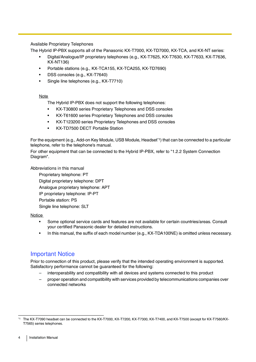 Panasonic KX-TDA100 installation manual Available Proprietary Telephones, Abbreviations in this manual 