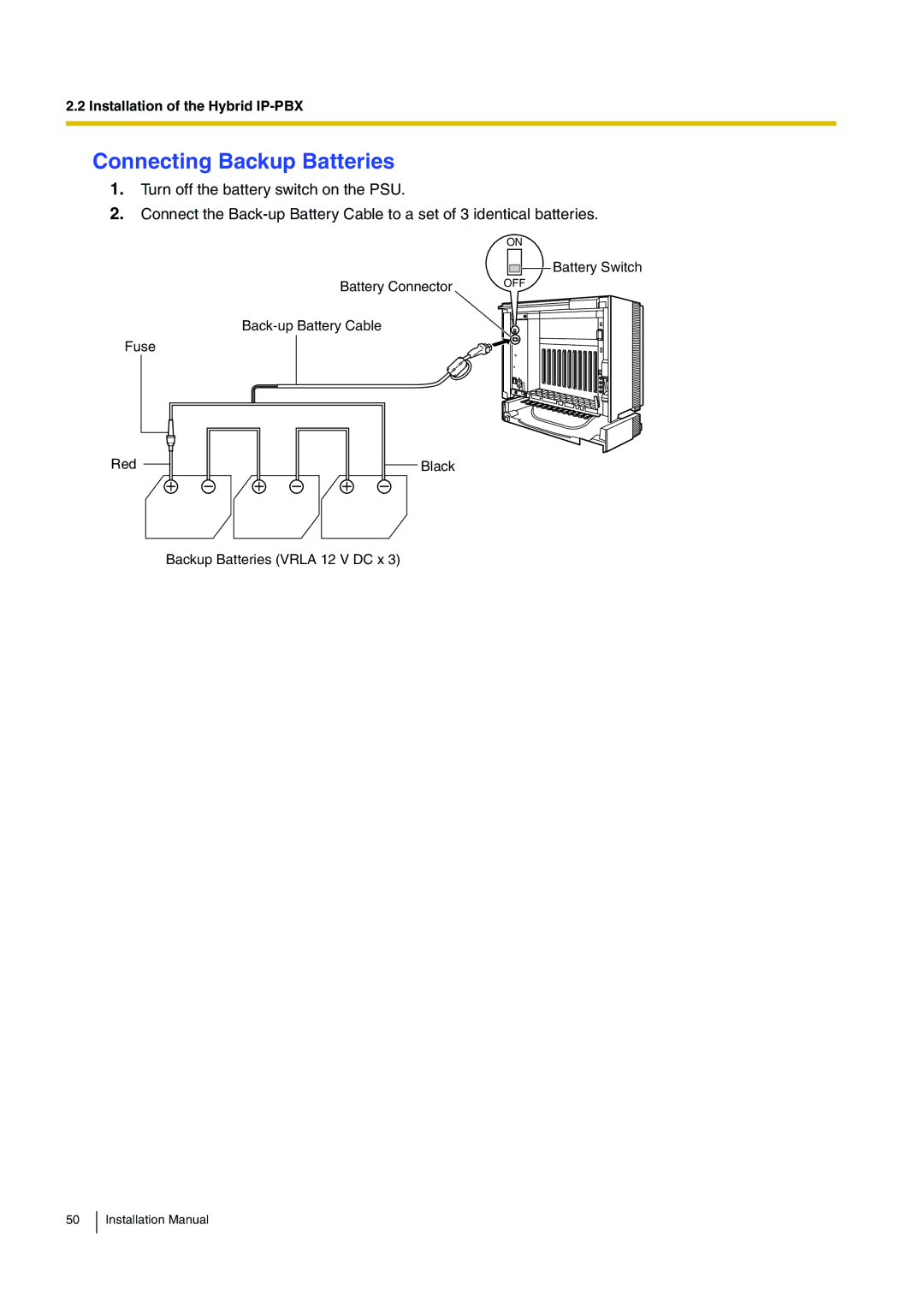 Panasonic KX-TDA100 installation manual Connecting Backup Batteries 