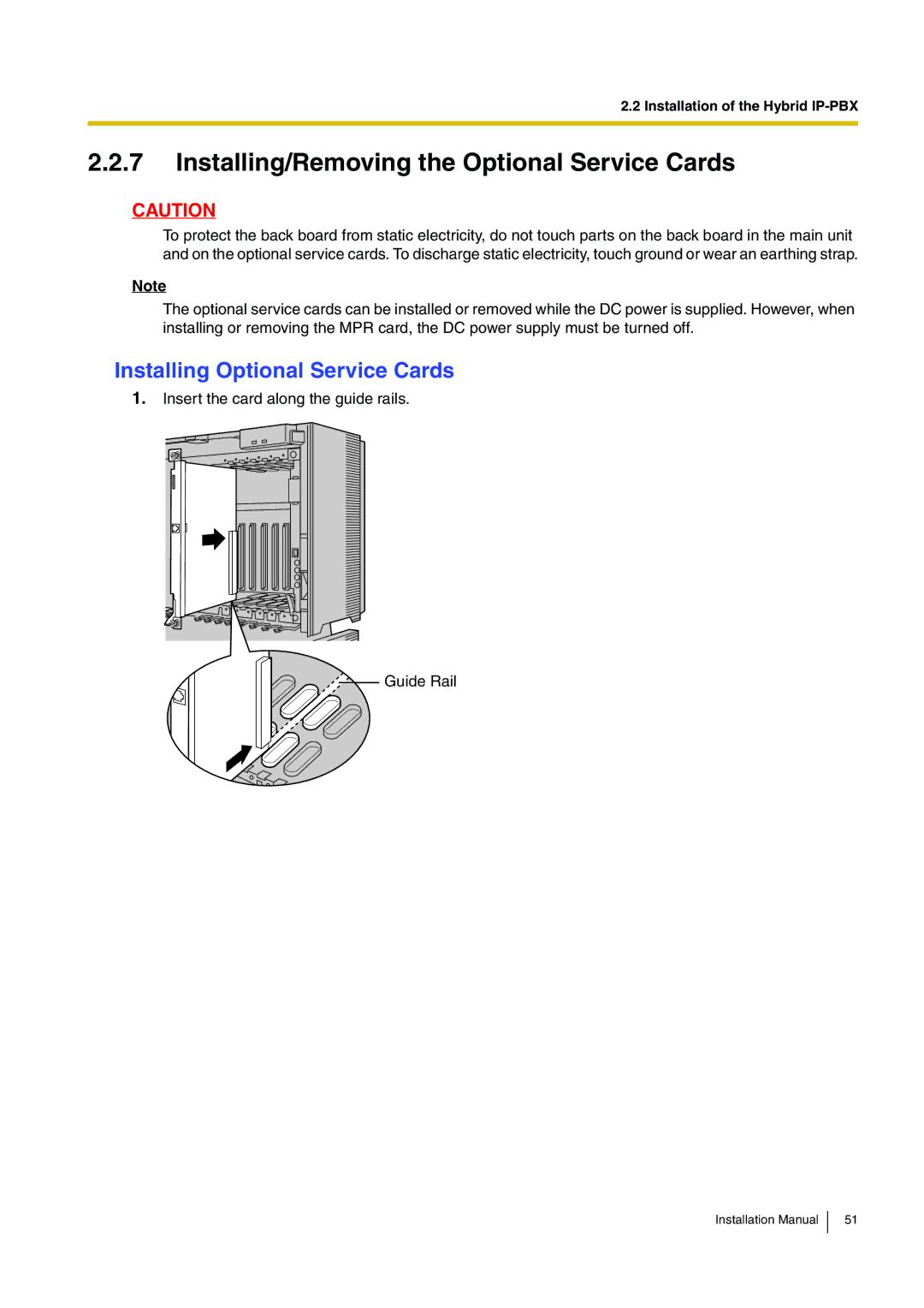 Panasonic KX-TDA100 installation manual Installing/Removing the Optional Service Cards, Installing Optional Service Cards 