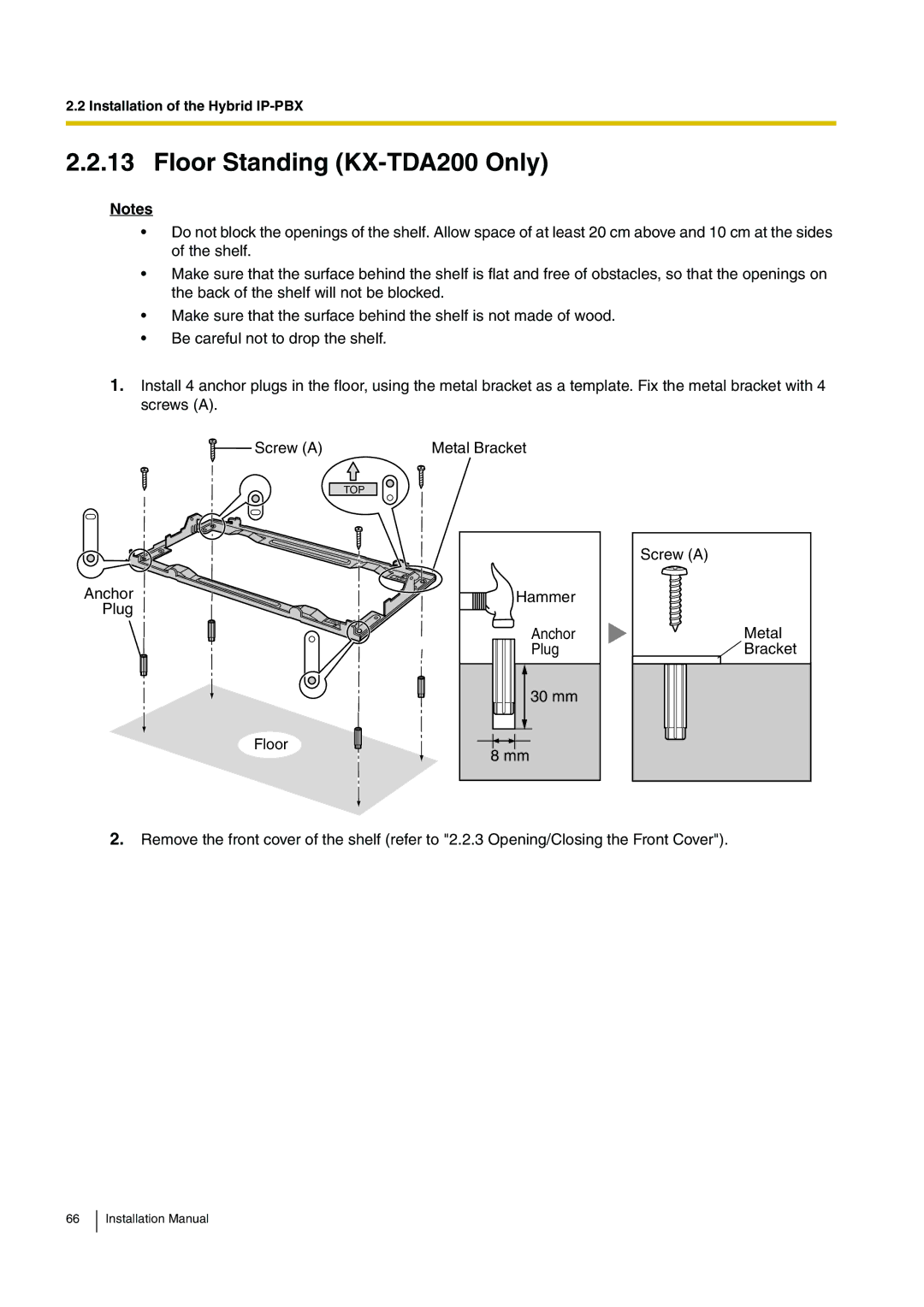 Panasonic KX-TDA100 installation manual Floor Standing KX-TDA200 Only 