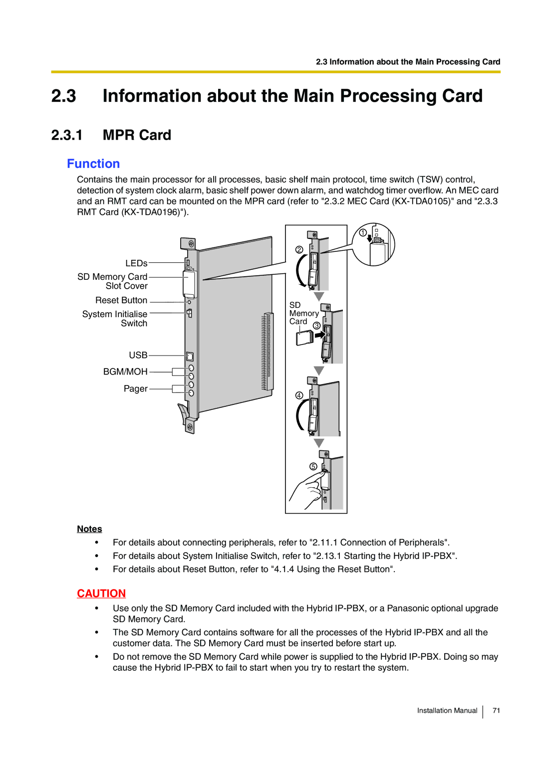 Panasonic KX-TDA100 installation manual Information about the Main Processing Card, MPR Card, Usb Bgm/Moh 