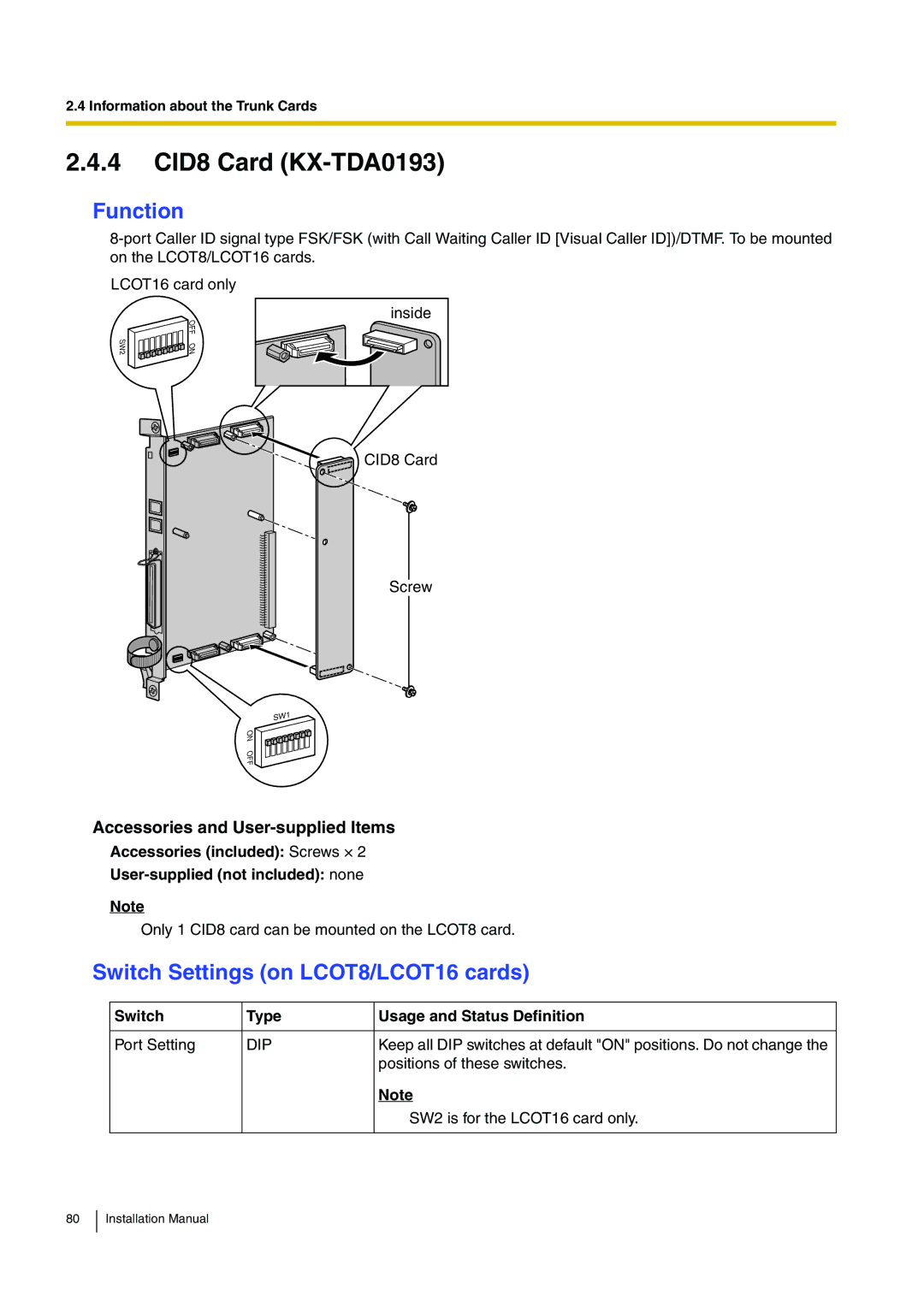 Panasonic KX-TDA100 installation manual 4 CID8 Card KX-TDA0193 