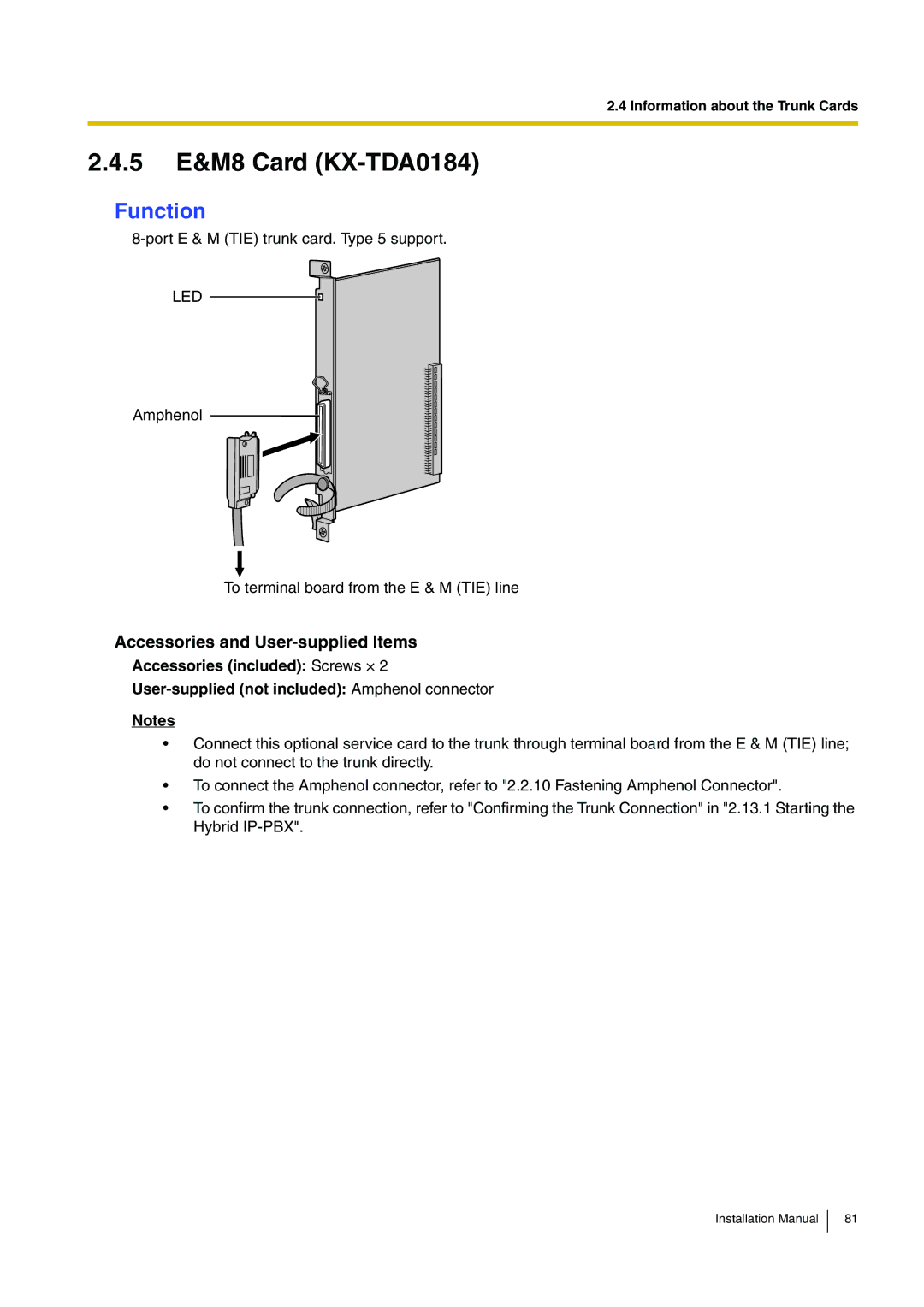 Panasonic KX-TDA100 installation manual 5 E&M8 Card KX-TDA0184, Led 