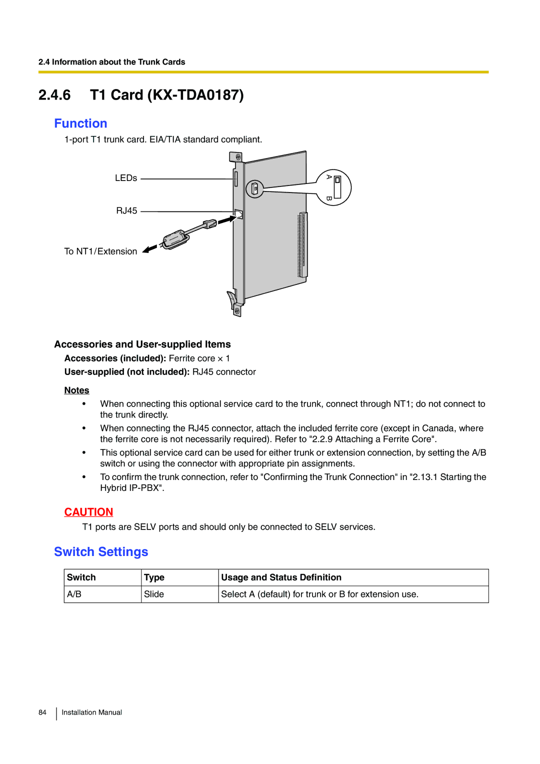 Panasonic KX-TDA100 installation manual 6 T1 Card KX-TDA0187, Switch Settings 