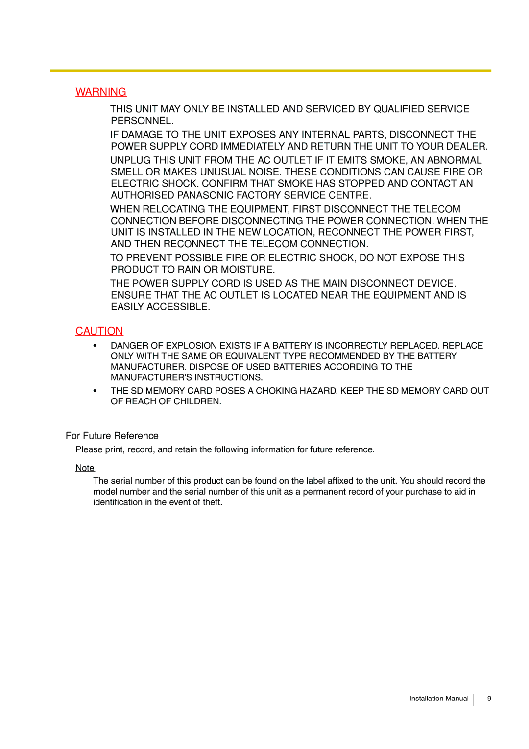 Panasonic KX-TDA100 installation manual For Future Reference 