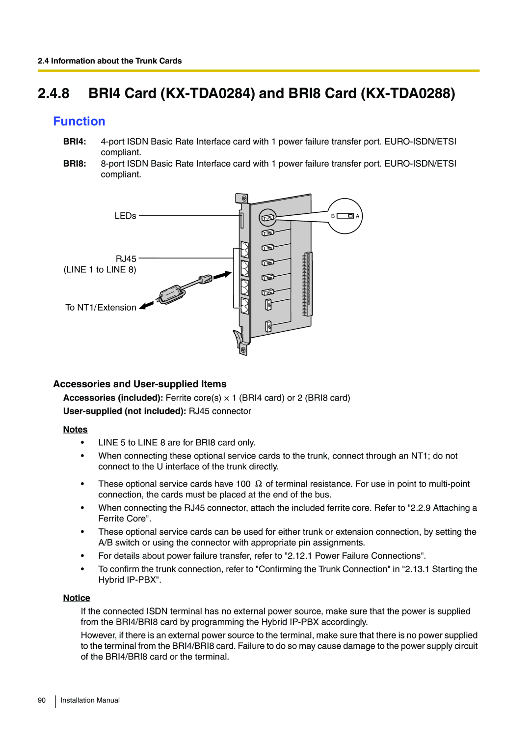 Panasonic KX-TDA100 installation manual 8 BRI4 Card KX-TDA0284 and BRI8 Card KX-TDA0288, Function 