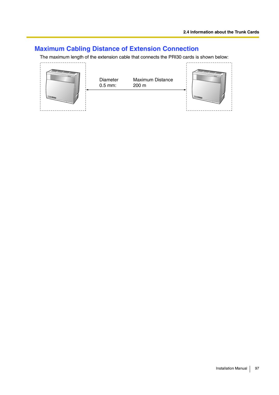 Panasonic KX-TDA100 installation manual Maximum Cabling Distance of Extension Connection 