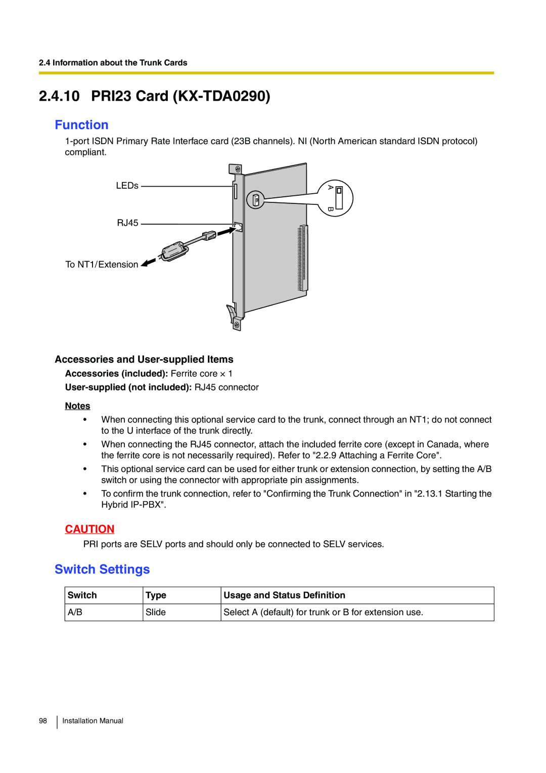 Panasonic KX-TDA100 installation manual 10 PRI23 Card KX-TDA0290, Function 