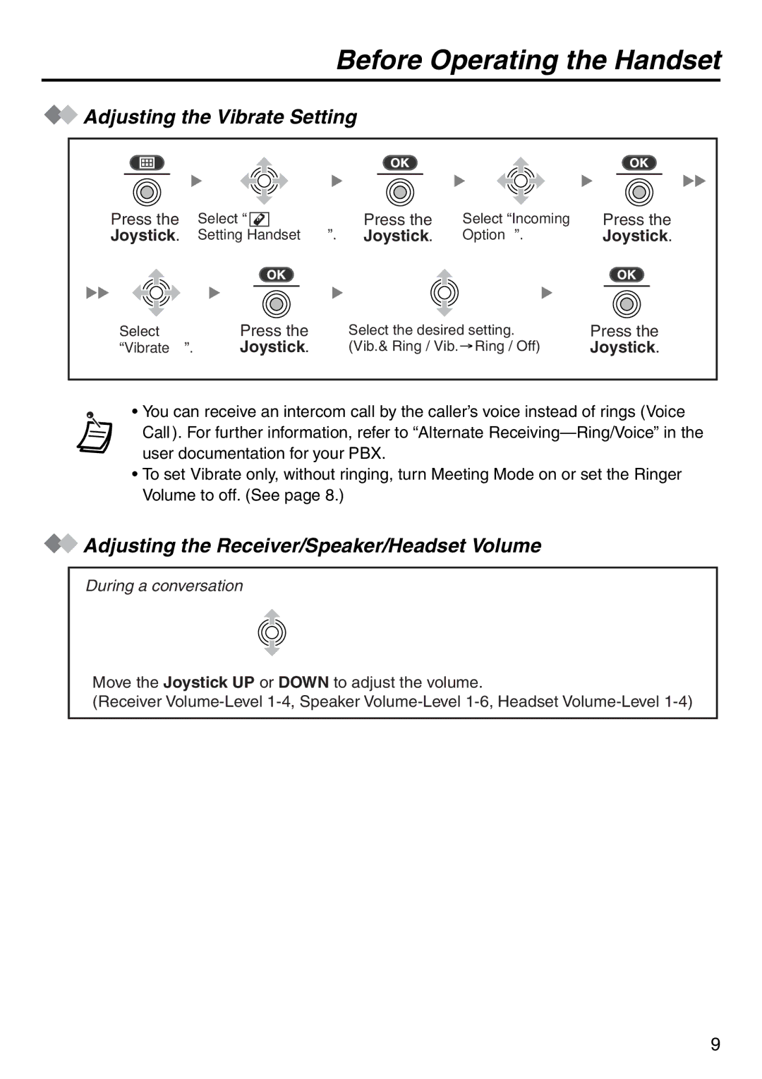 Panasonic KX-TDA100 manual Adjusting the Vibrate Setting, Adjusting the Receiver/Speaker/Headset Volume 