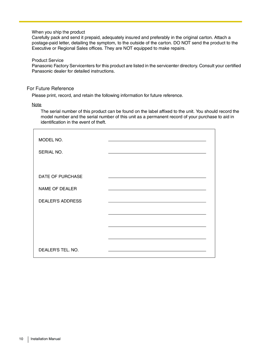 Panasonic KX-TDA100 installation manual For Future Reference, When you ship the product, Product Service 