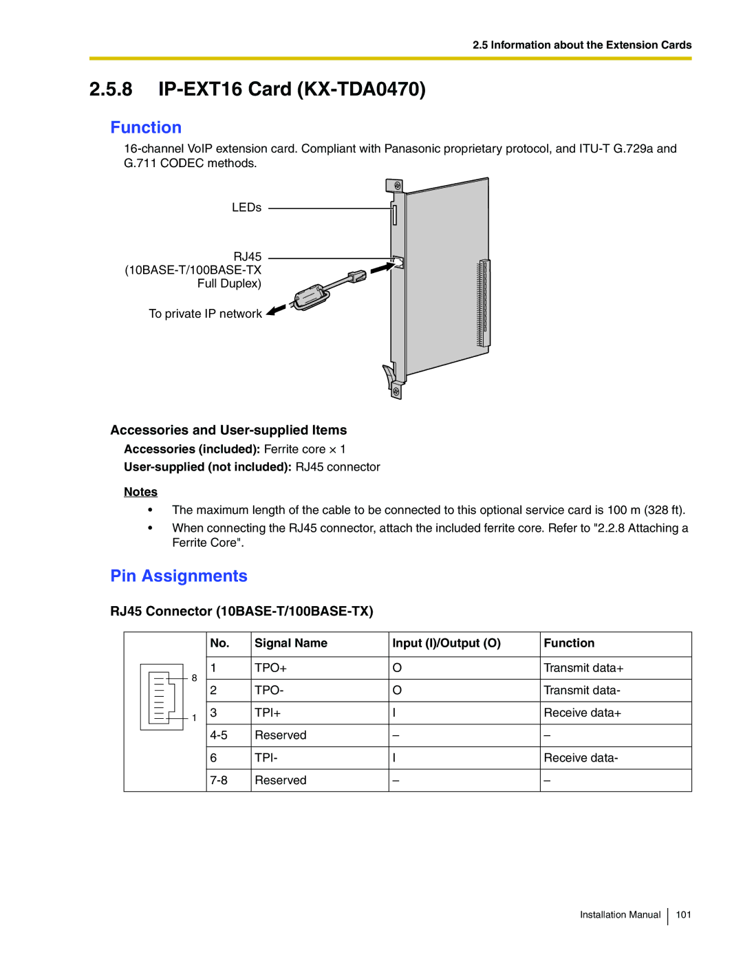 Panasonic KX-TDA100 installation manual IP-EXT16 Card KX-TDA0470, RJ45 Connector 10BASE-T/100BASE-TX 