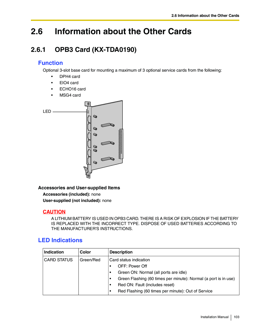 Panasonic KX-TDA100 installation manual Information about the Other Cards, 1 OPB3 Card KX-TDA0190 