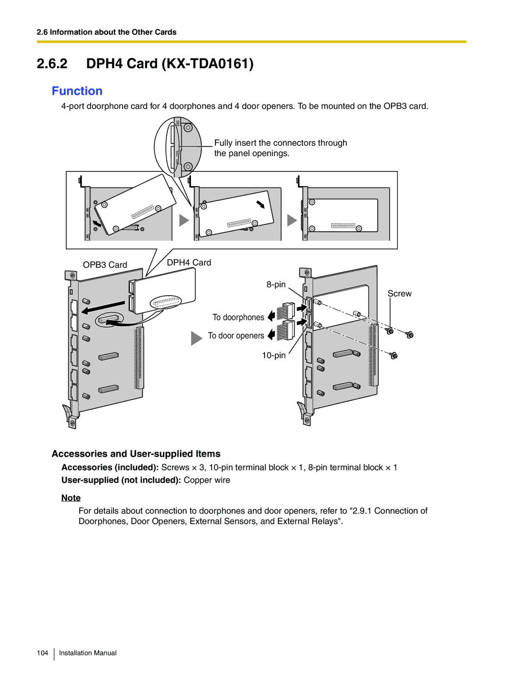 Panasonic KX-TDA100 installation manual 2 DPH4 Card KX-TDA0161, User-supplied not included Copper wire 