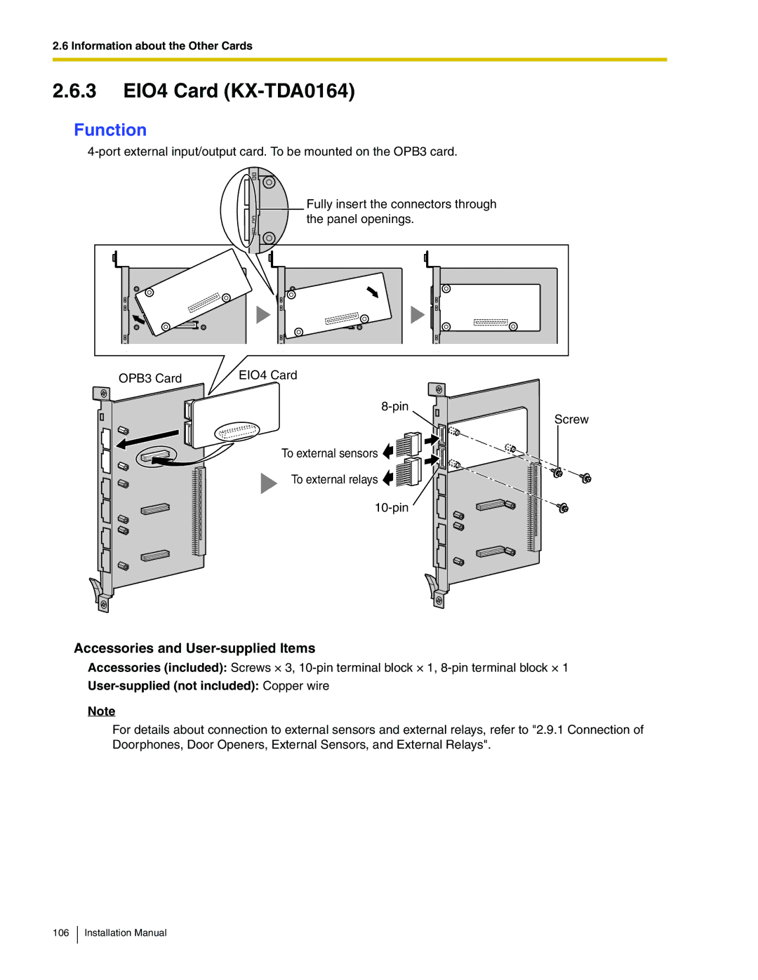 Panasonic KX-TDA100 installation manual 3 EIO4 Card KX-TDA0164 