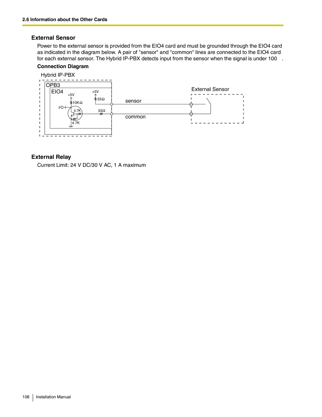 Panasonic KX-TDA100 installation manual External Sensor, External Relay, Connection Diagram 