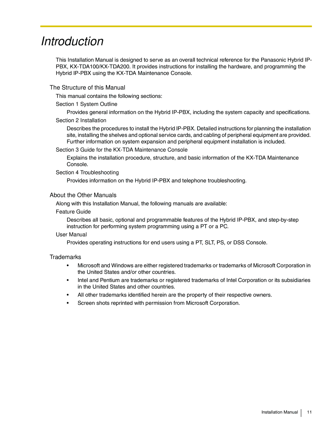 Panasonic KX-TDA100 installation manual Structure of this Manual, About the Other Manuals, Trademarks 