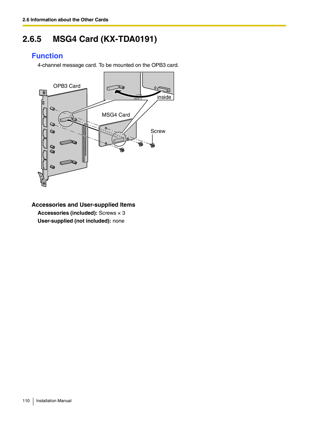 Panasonic KX-TDA100 installation manual 5 MSG4 Card KX-TDA0191 