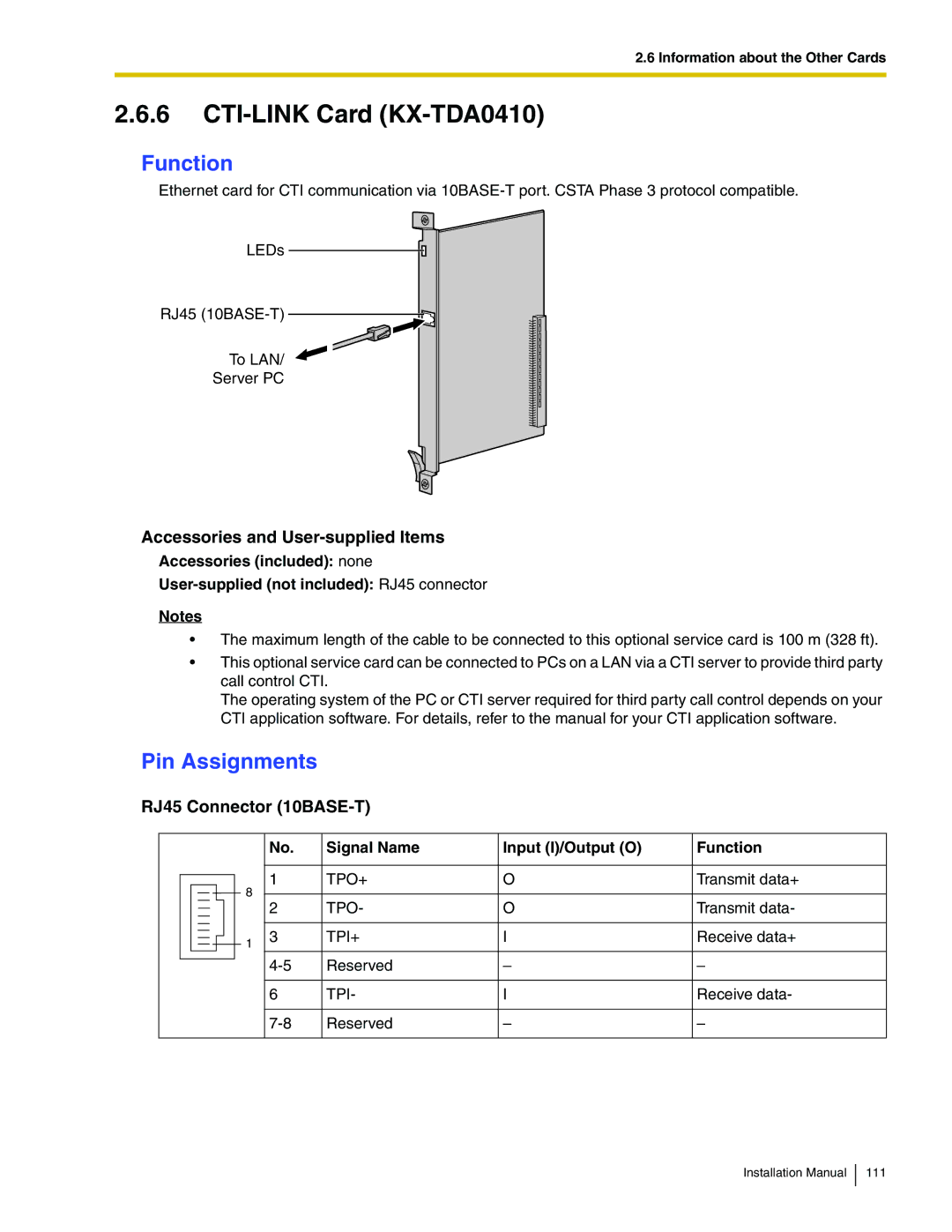 Panasonic KX-TDA100 installation manual CTI-LINK Card KX-TDA0410, Pin Assignments 