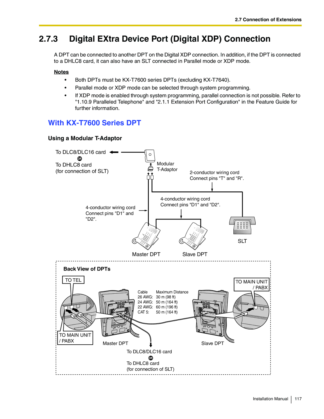 Panasonic KX-TDA100 Digital EXtra Device Port Digital XDP Connection, With KX-T7600 Series DPT, Back View of DPTs 