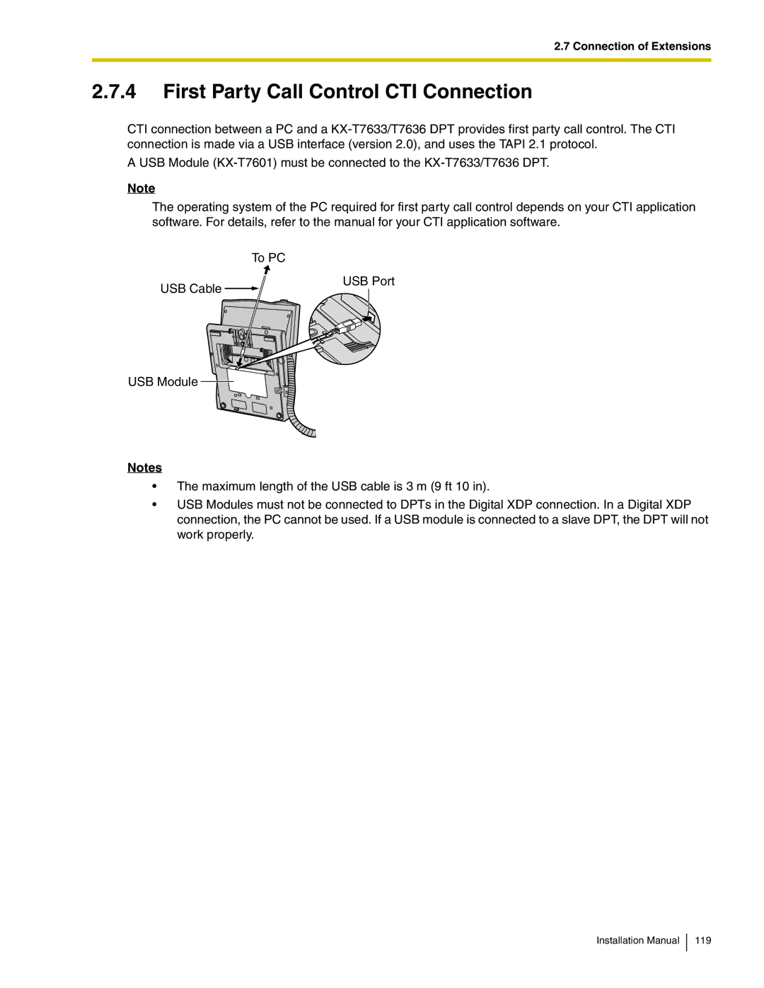 Panasonic KX-TDA100 installation manual First Party Call Control CTI Connection 