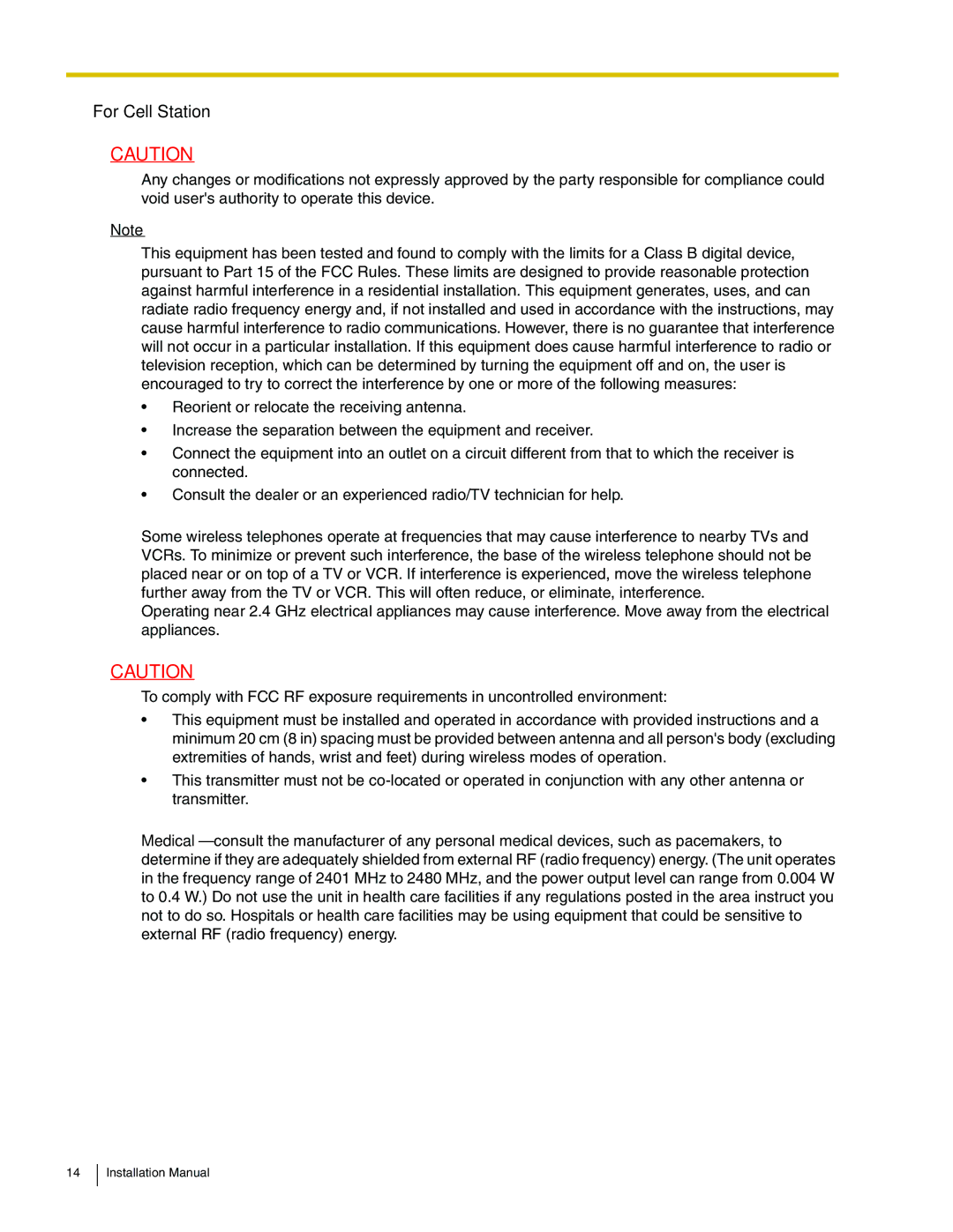 Panasonic KX-TDA100 installation manual For Cell Station 