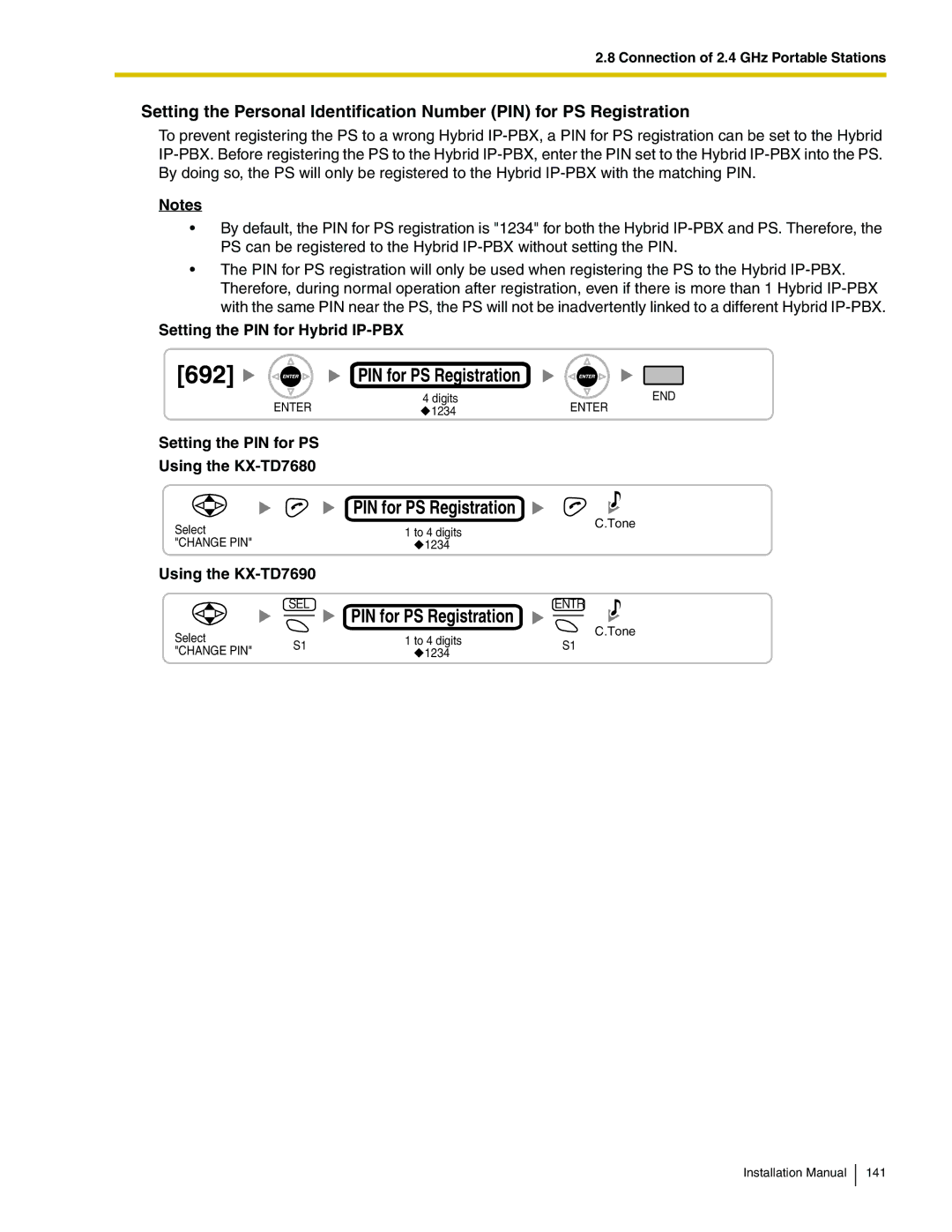 Panasonic KX-TDA100 installation manual 692, Setting the PIN for Hybrid IP-PBX, Setting the PIN for PS Using the KX-TD7680 