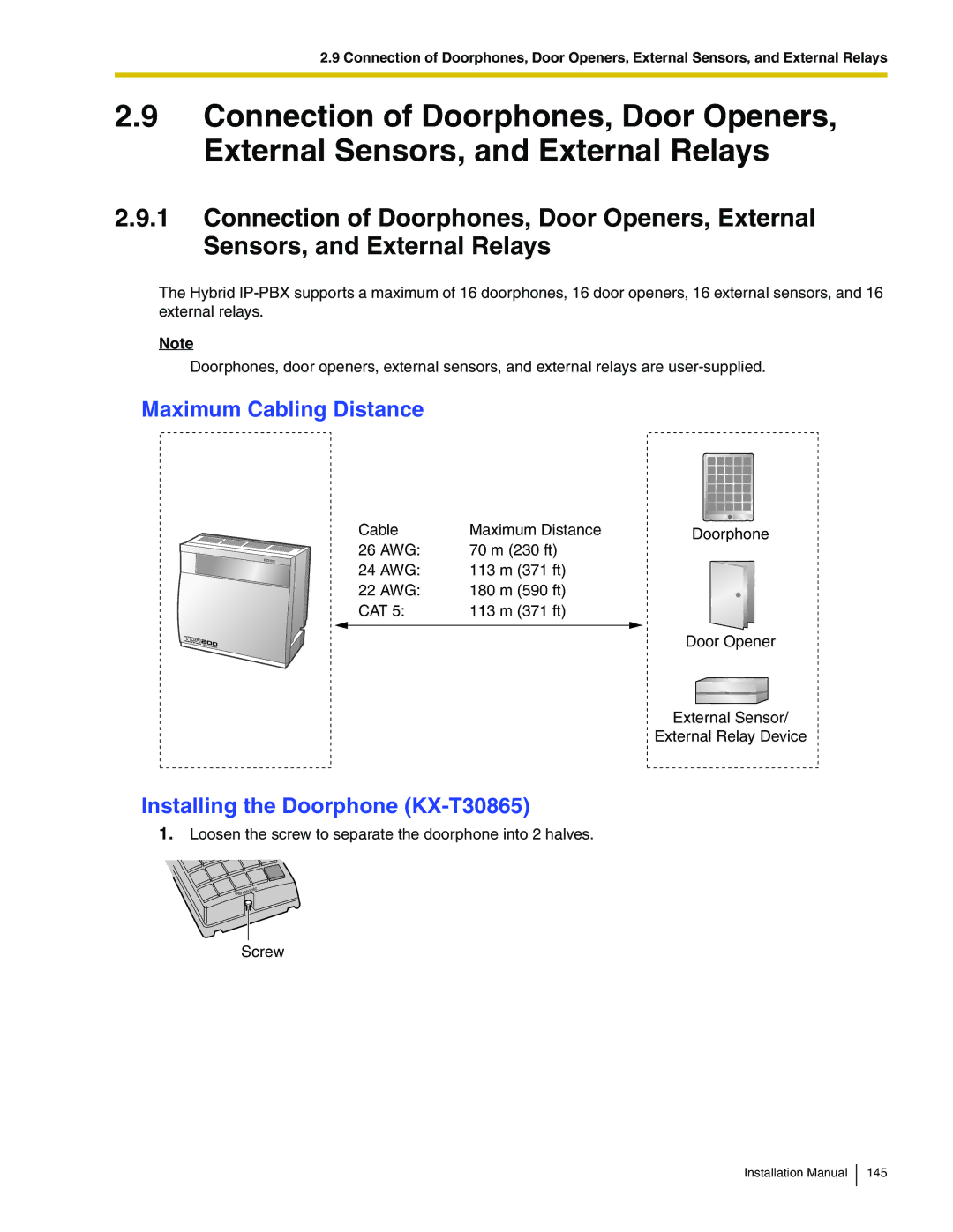 Panasonic KX-TDA100 installation manual Maximum Cabling Distance, Installing the Doorphone KX-T30865 