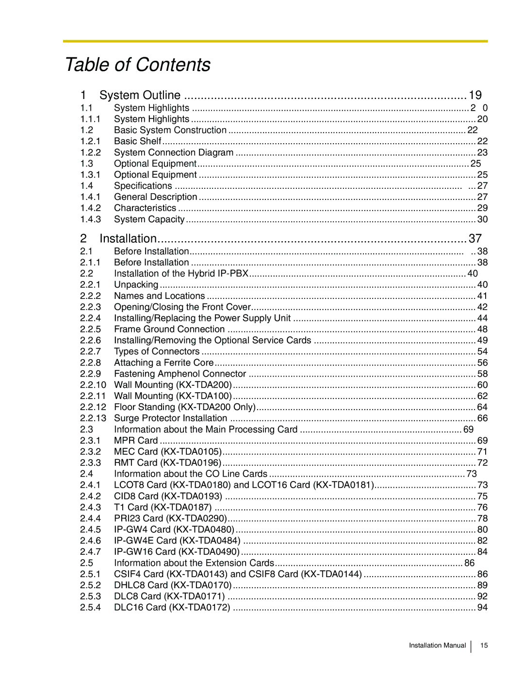 Panasonic KX-TDA100 installation manual Table of Contents 