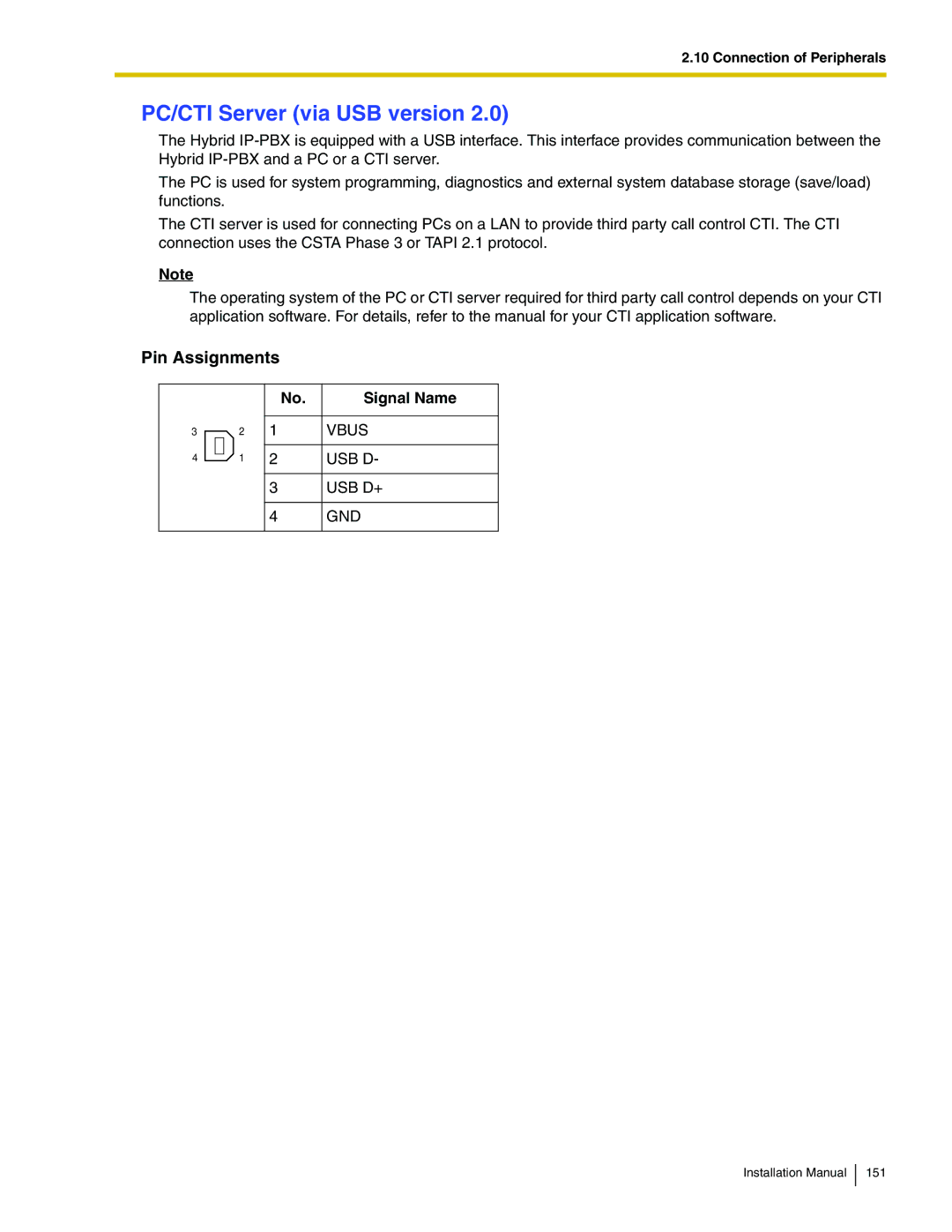 Panasonic KX-TDA100 installation manual PC/CTI Server via USB version, Vbus, Usb D+, Gnd 