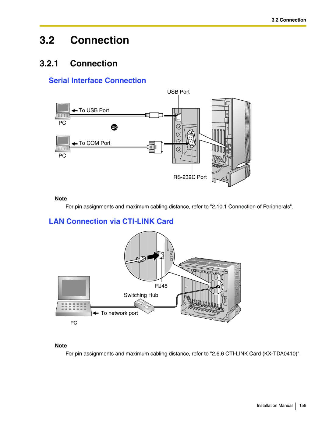 Panasonic KX-TDA100 installation manual Serial Interface Connection, LAN Connection via CTI-LINK Card 