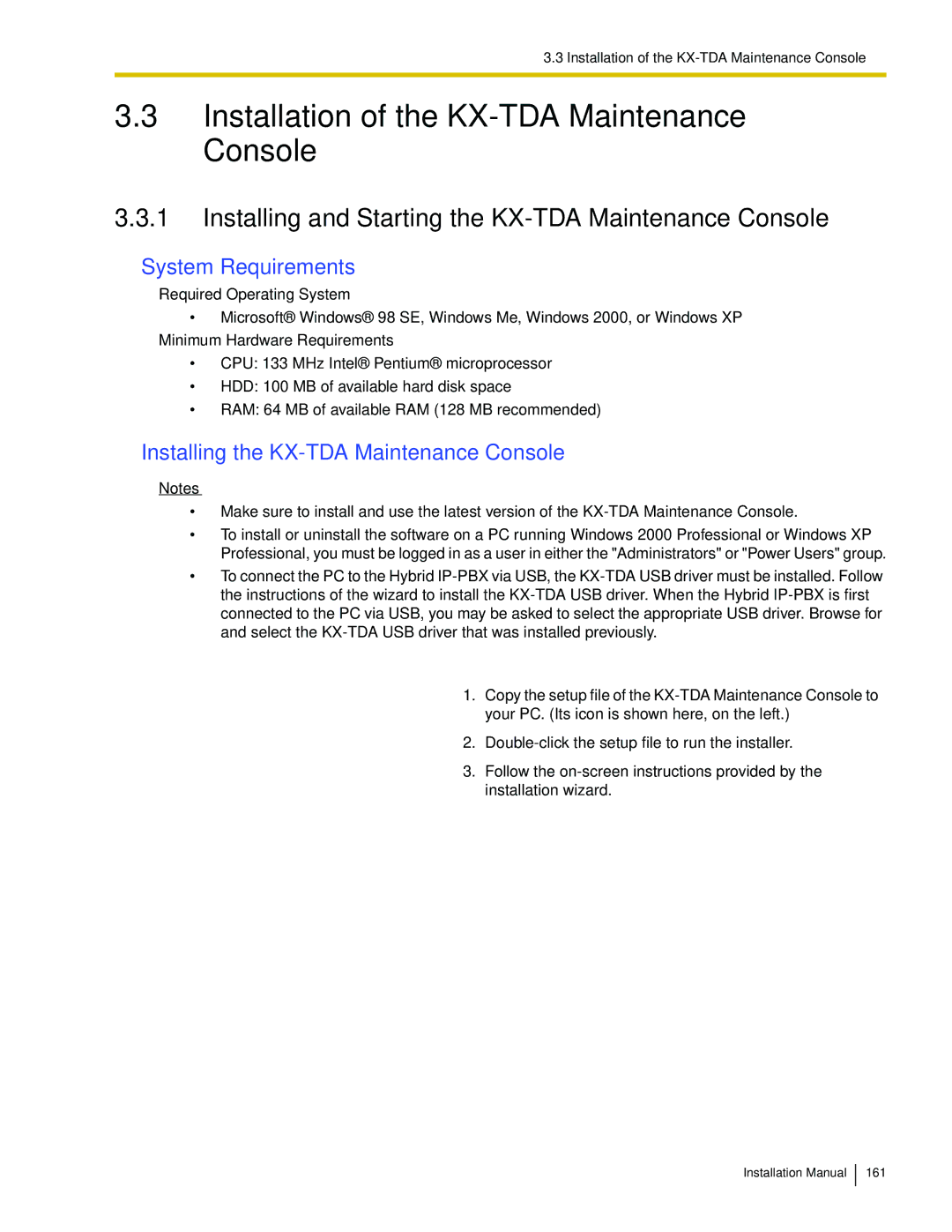 Panasonic KX-TDA100 Installation of the KX-TDA Maintenance Console, Installing and Starting the KX-TDA Maintenance Console 